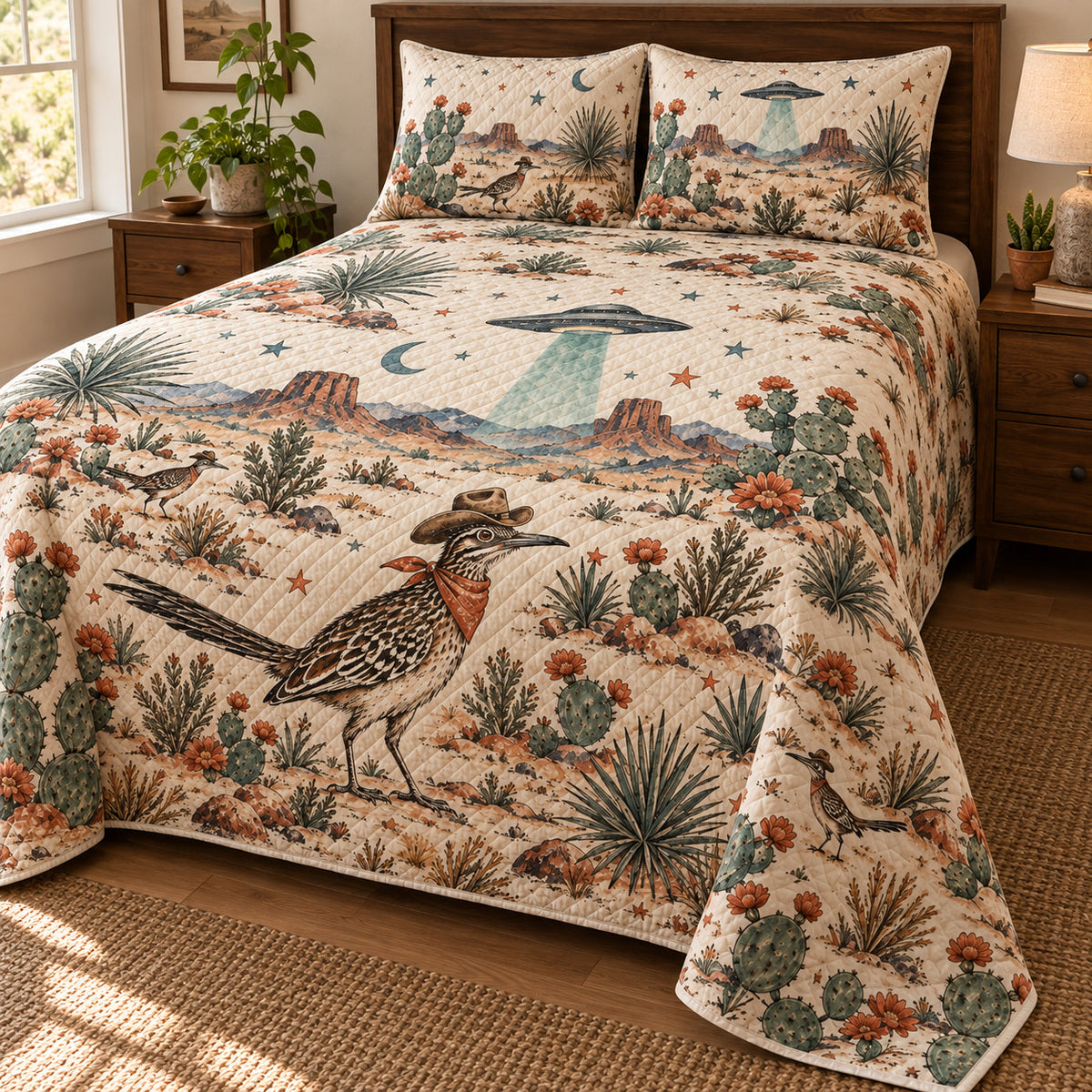 Texas Roadrunner UFO quilt set right view, organic desert print on side drape