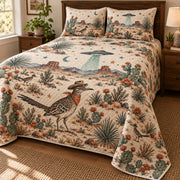 Texas Roadrunner UFO quilt set right view, organic desert print on side drape