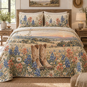 Texas wildflower boots quilt set front view with diamond quilting