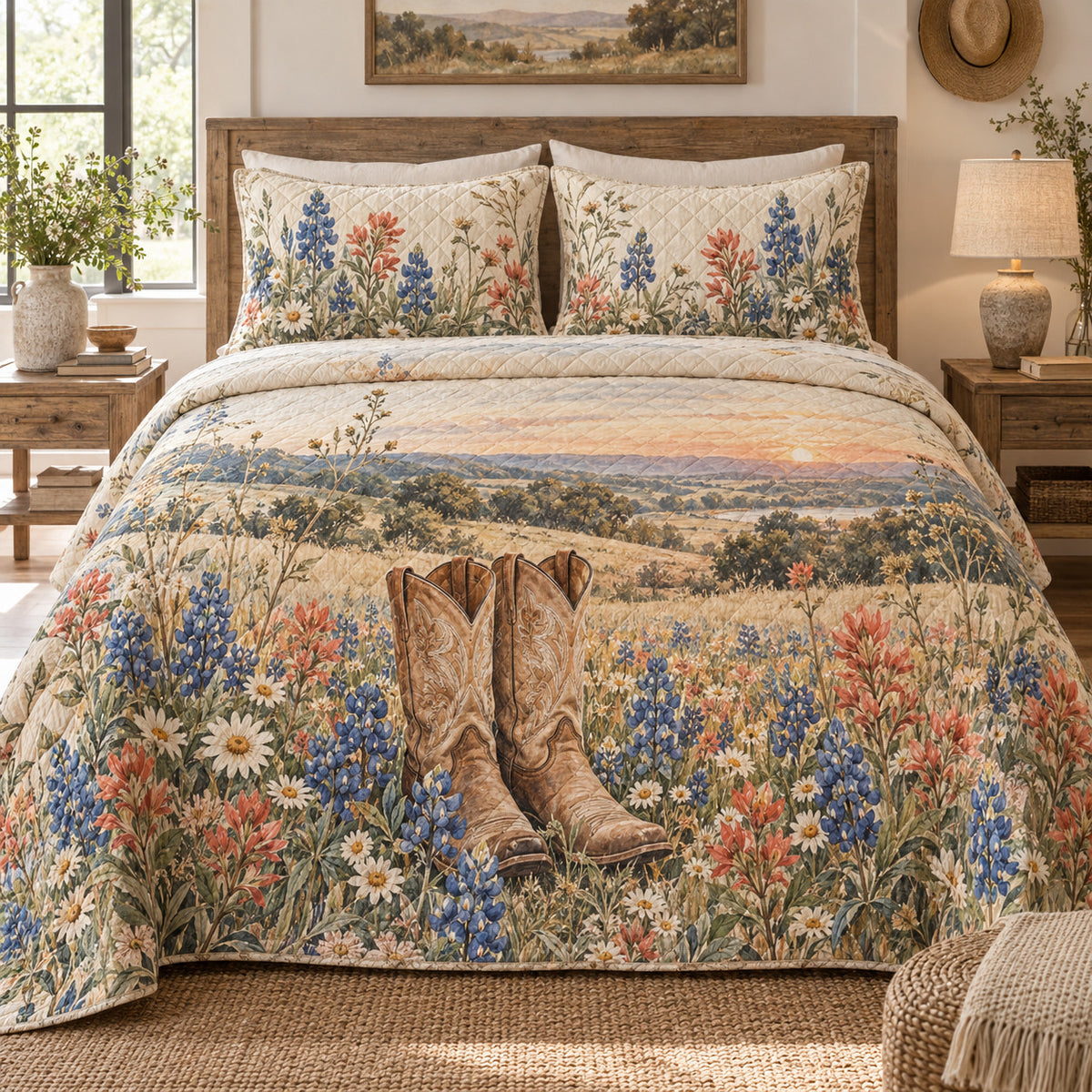 Texas wildflower boots quilt set front view with diamond quilting