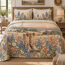 Texas Wildflower Boots Quilt Set | Western Bedding Gift for Cowgirls