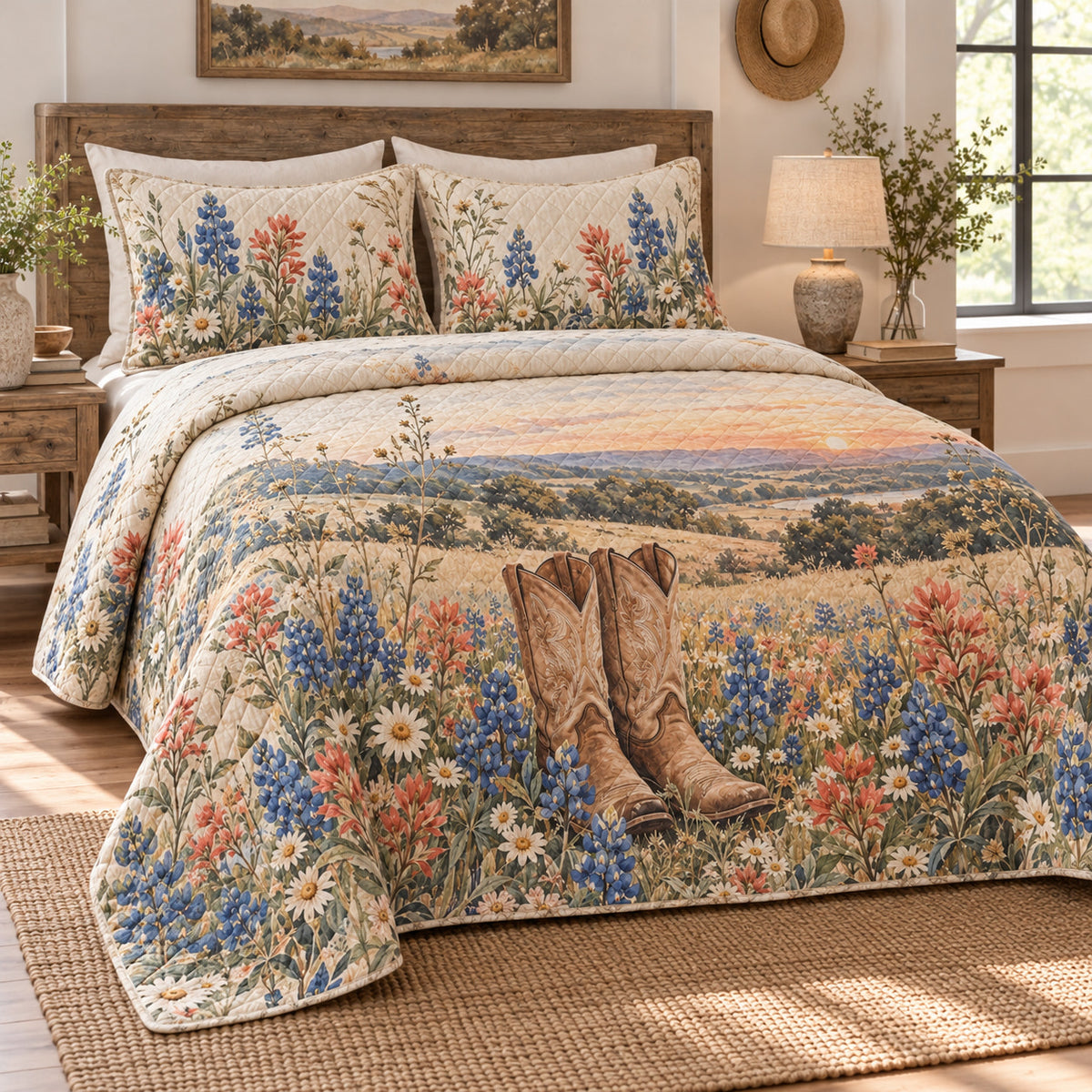 Texas wildflower boots quilt set left view with diamond quilting