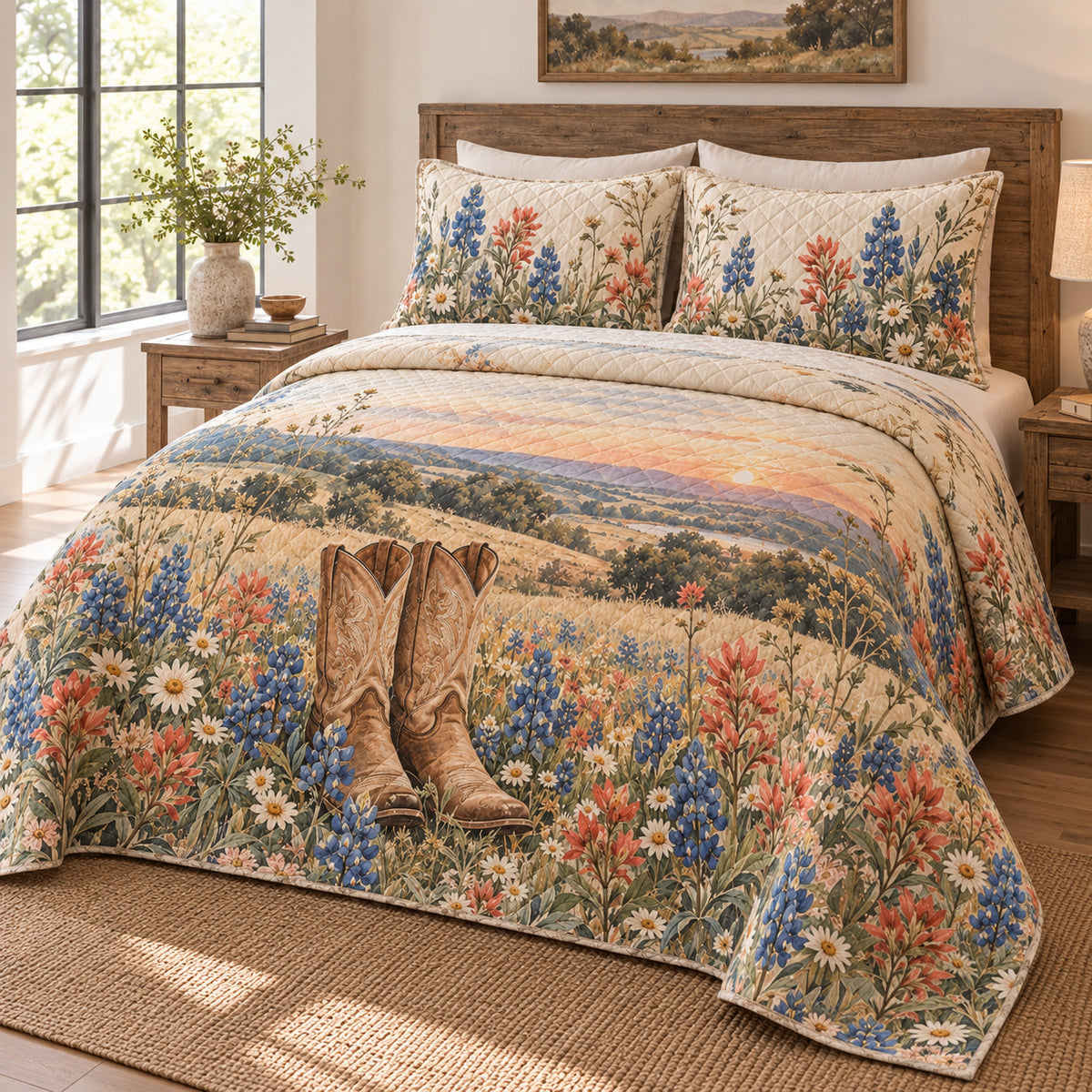 Texas wildflower boots quilt set right view with diamond quilting