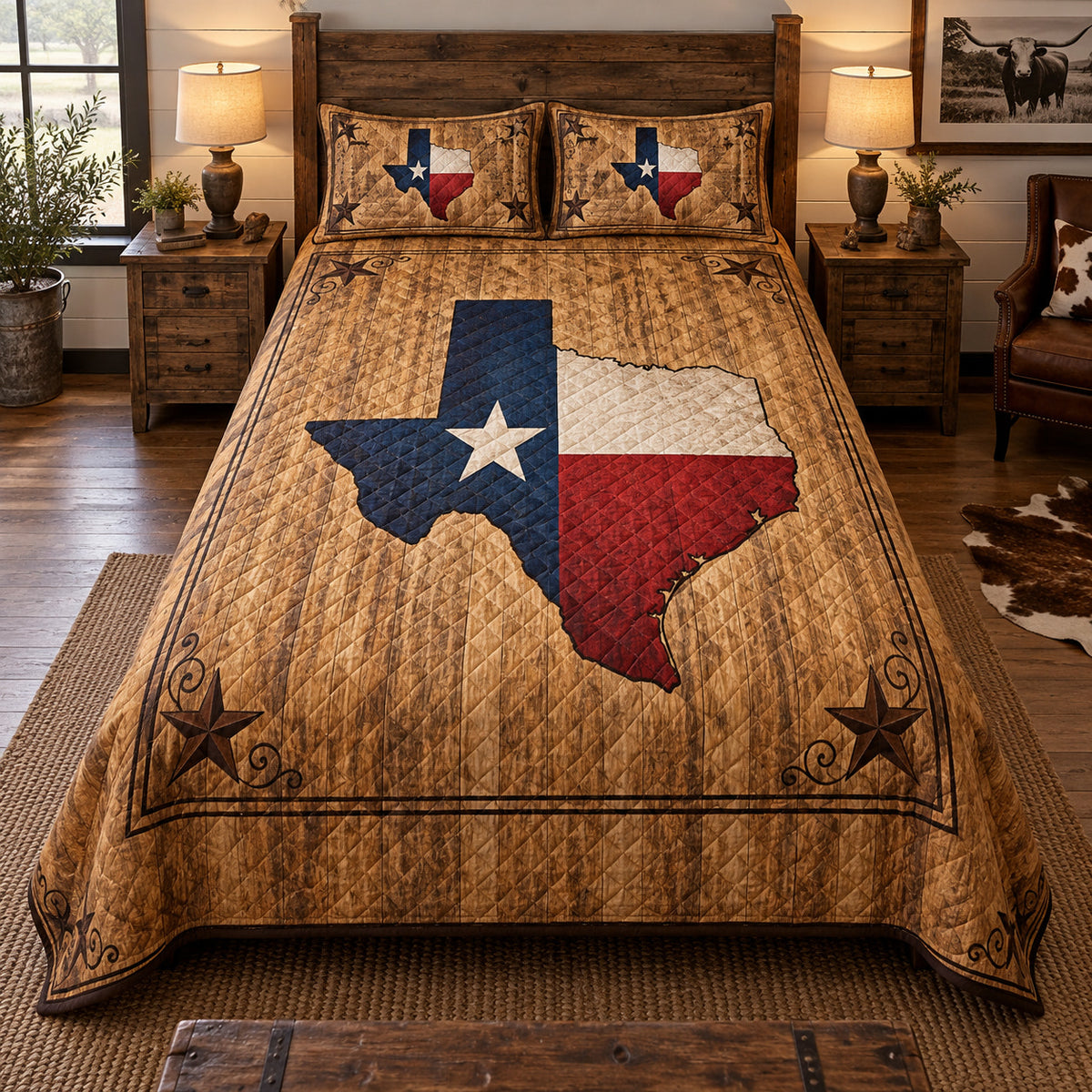 Front view of elongated Texas woodgrain flag quilt set with diamond stitching