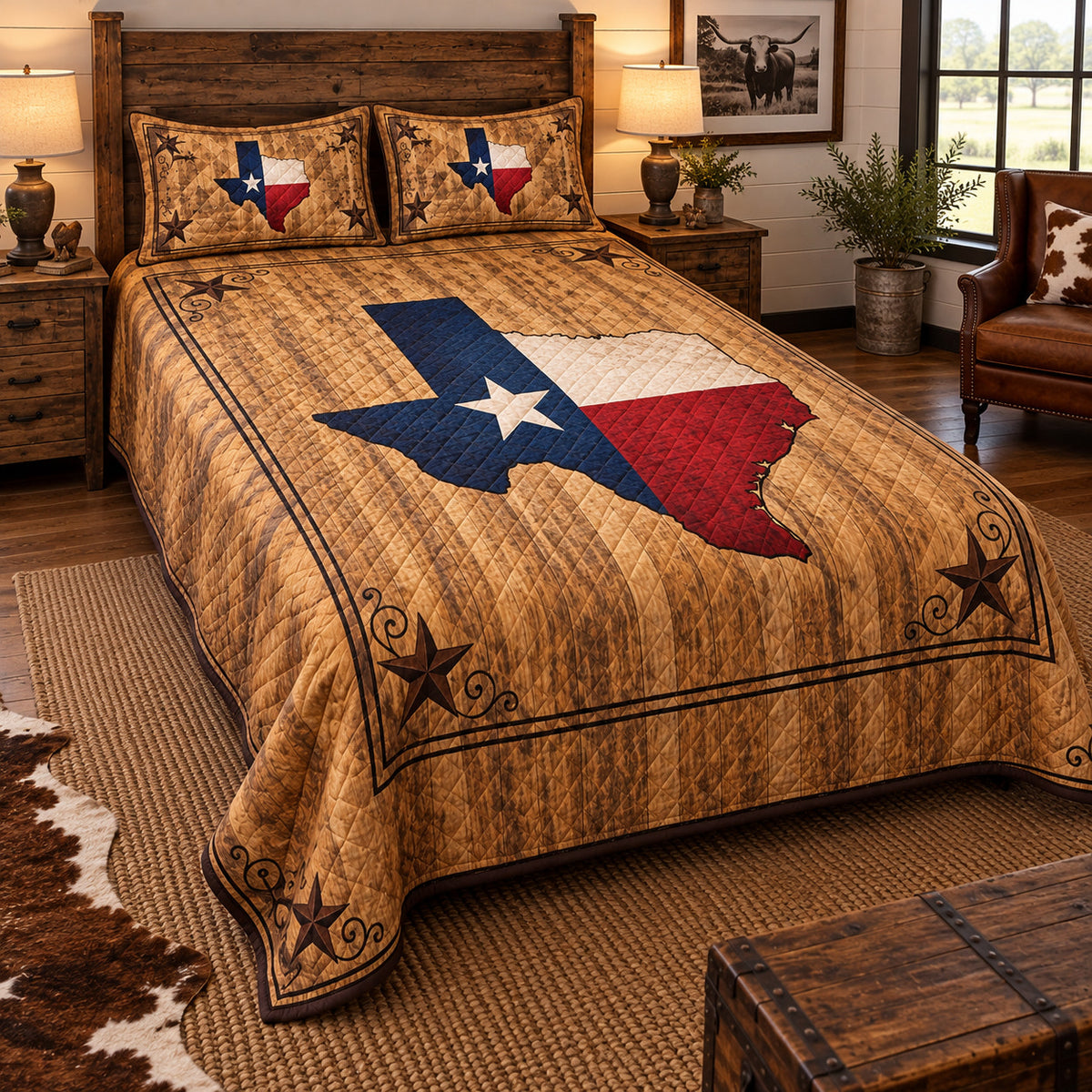 Left angle of elongated Texas woodgrain flag quilt set with diamond stitching