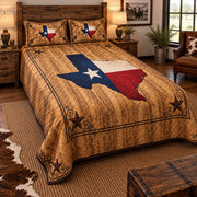 Left angle of elongated Texas woodgrain flag quilt set with diamond stitching