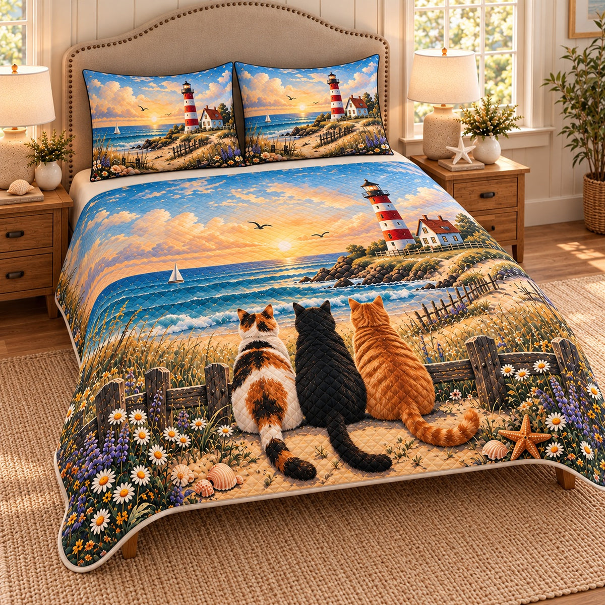 AI mockup, angled view of the three-cat coastal quilt set with lighthouse scenery pillow covers.