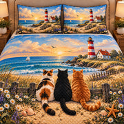 AI mockup, closer front view of the three cats, seashells, wildflowers and diamond quilting.