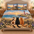 Three Cats Quilt Set, Coastal Sunset Lighthouse Bedding, Gift for Cat and Beach Lovers