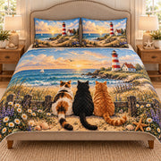 AI mockup, front hero view of calico, black and orange cats watching a coastal sunset with a lighthouse.