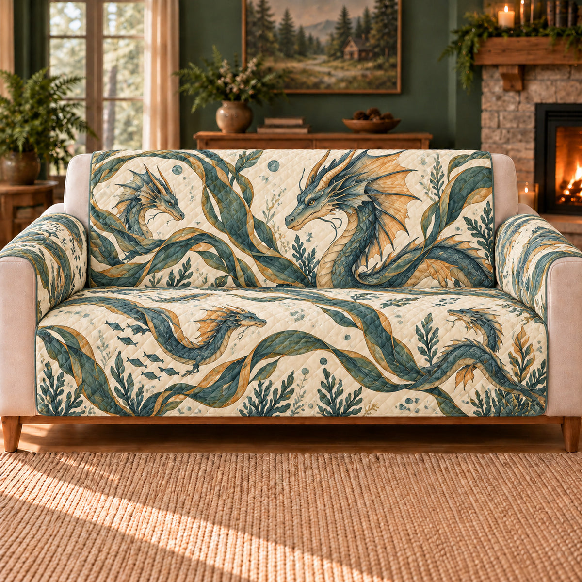 Tidal Dragon Ribbons sofa cover on a beige sofa