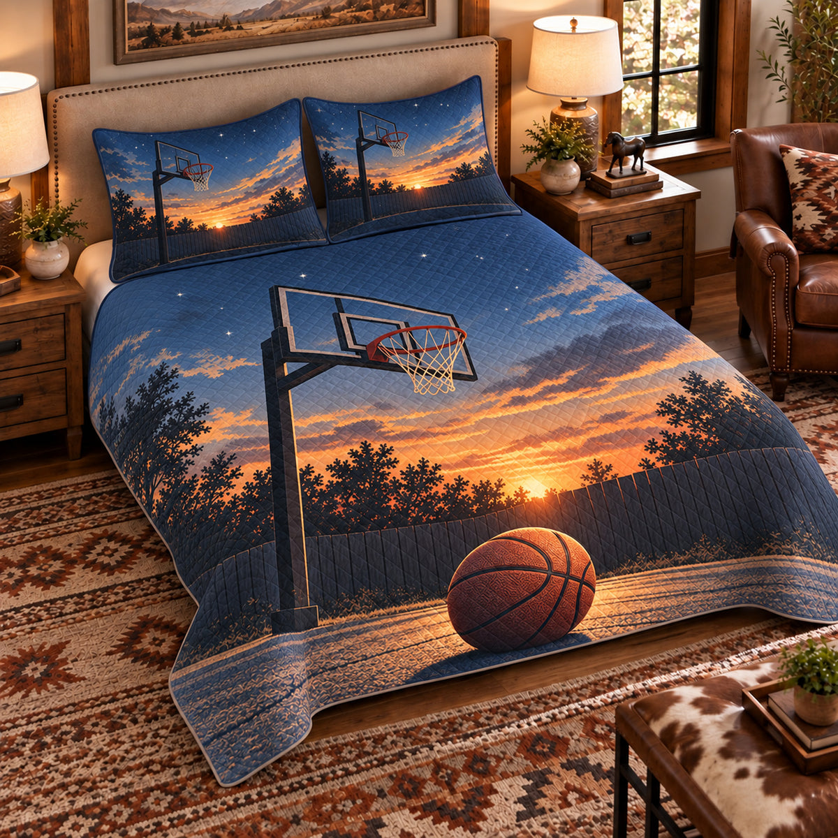 Elevated left-angle view AI mockup of the Driveway Hoop at Dusk basketball quilt set with two coordinating printed pillow shams.