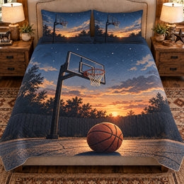 Basketball Quilt Set, Driveway Hoop at Dusk, Gift for Basketball Fans