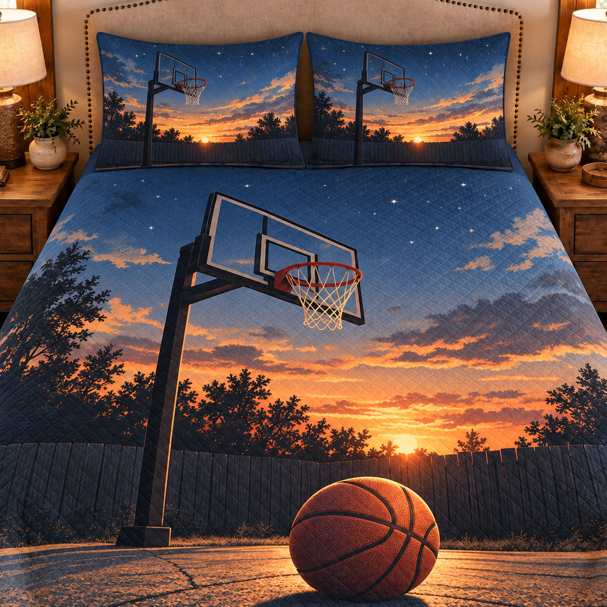 Frontal close-up view AI mockup of the Driveway Hoop at Dusk basketball quilt set with two coordinating printed pillow shams.