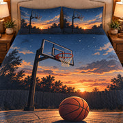 Frontal close-up view AI mockup of the Driveway Hoop at Dusk basketball quilt set with two coordinating printed pillow shams.