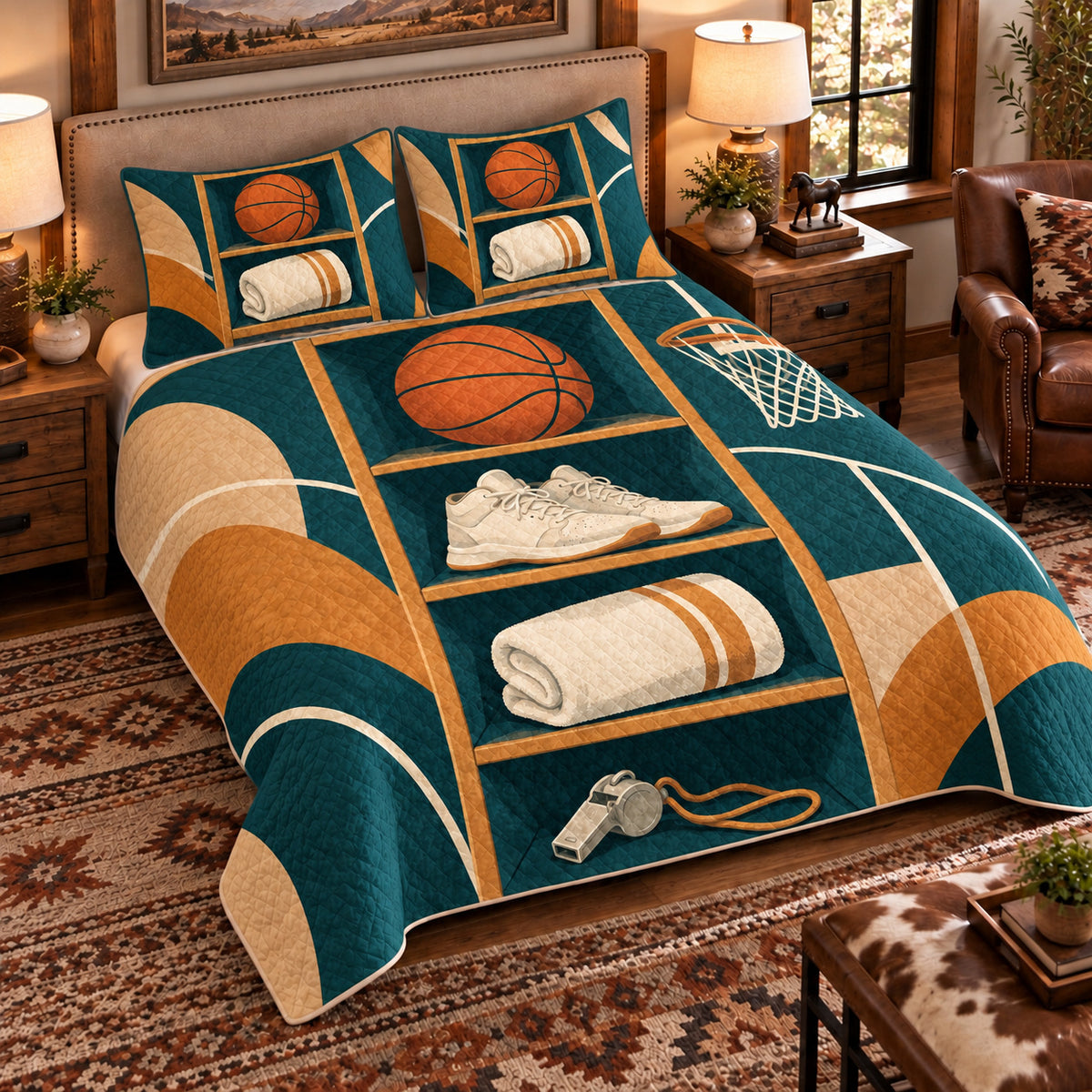 Elevated left-angle view AI mockup of the Basketball Equipment Cabinet basketball quilt set with two coordinating printed pillow shams.