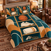 Elevated left-angle view AI mockup of the Basketball Equipment Cabinet basketball quilt set with two coordinating printed pillow shams.