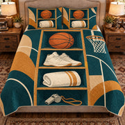 Front view AI mockup of the Basketball Equipment Cabinet basketball quilt set with two coordinating printed pillow shams.