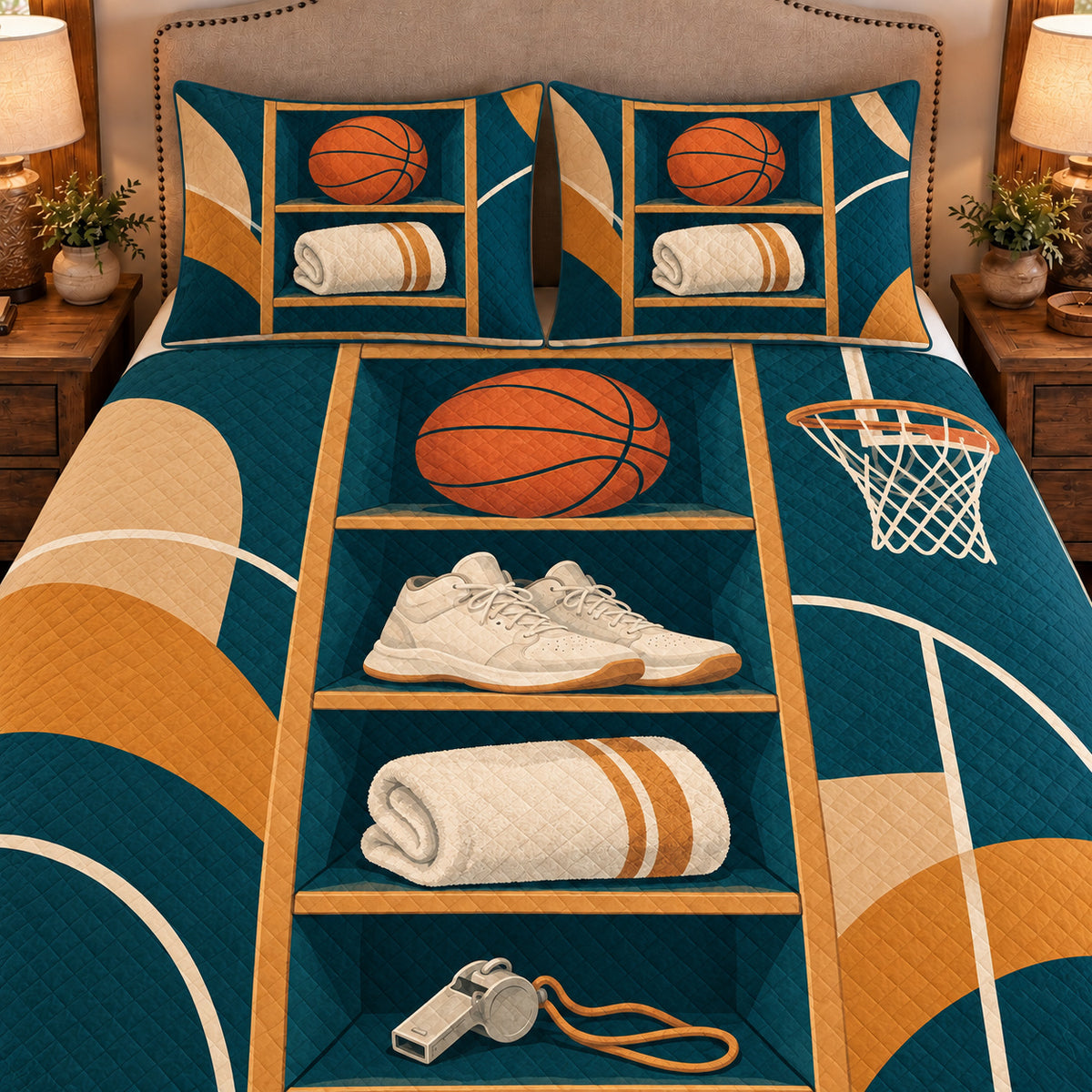 Frontal close-up view AI mockup of the Basketball Equipment Cabinet basketball quilt set with two coordinating printed pillow shams.