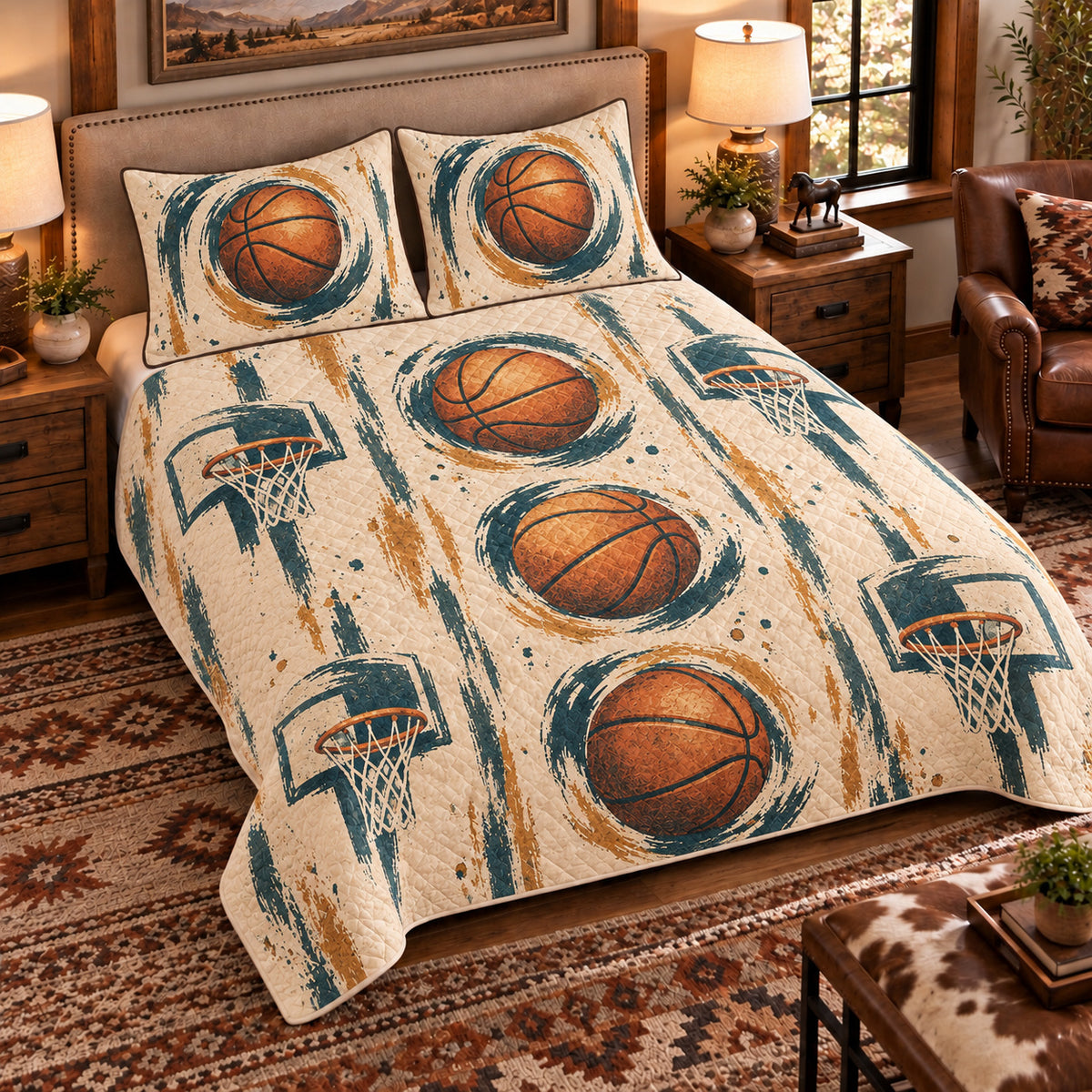 Elevated left-angle view AI mockup of the Painted Ball Studies basketball quilt set with two coordinating printed pillow shams.