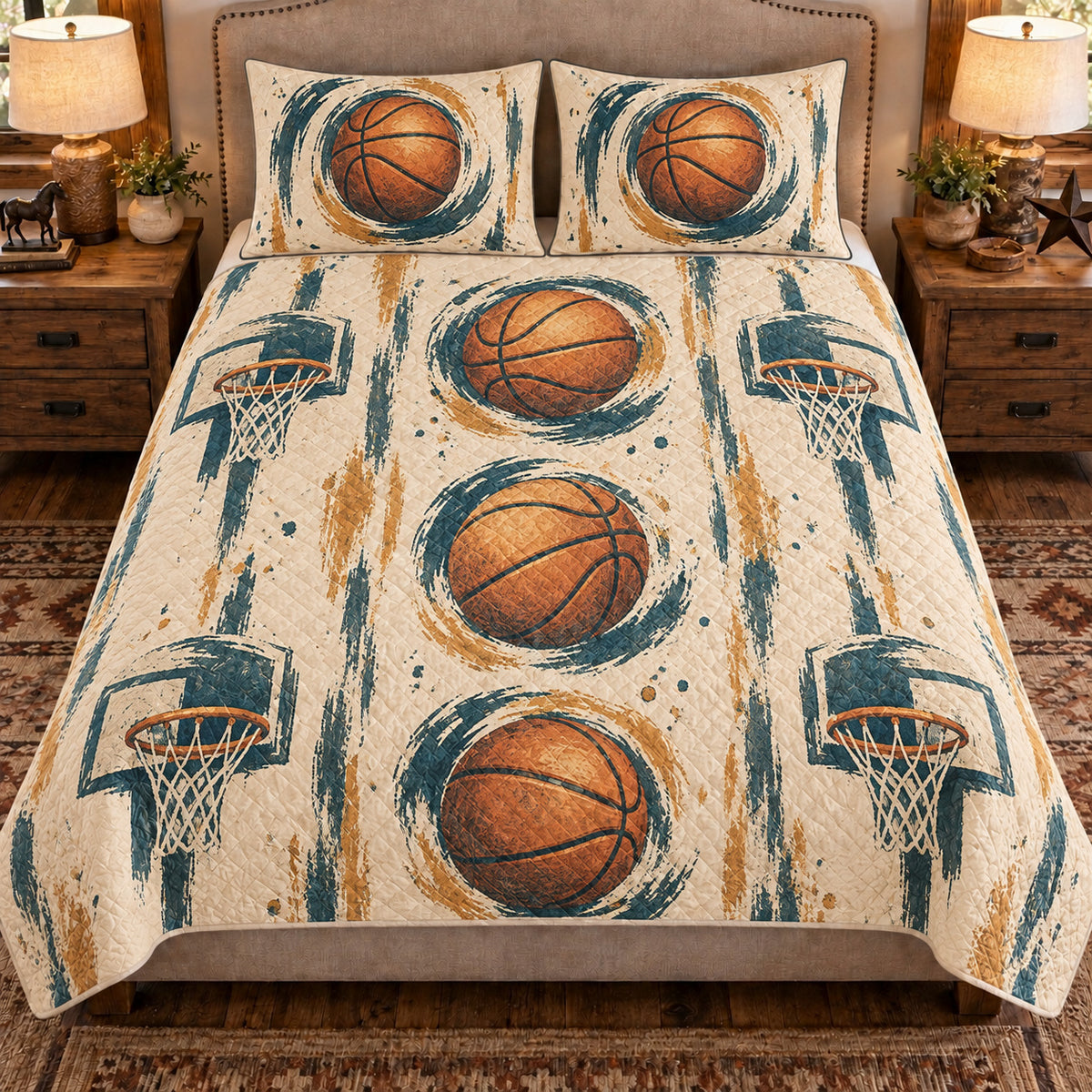 Front view AI mockup of the Painted Ball Studies basketball quilt set with two coordinating printed pillow shams.