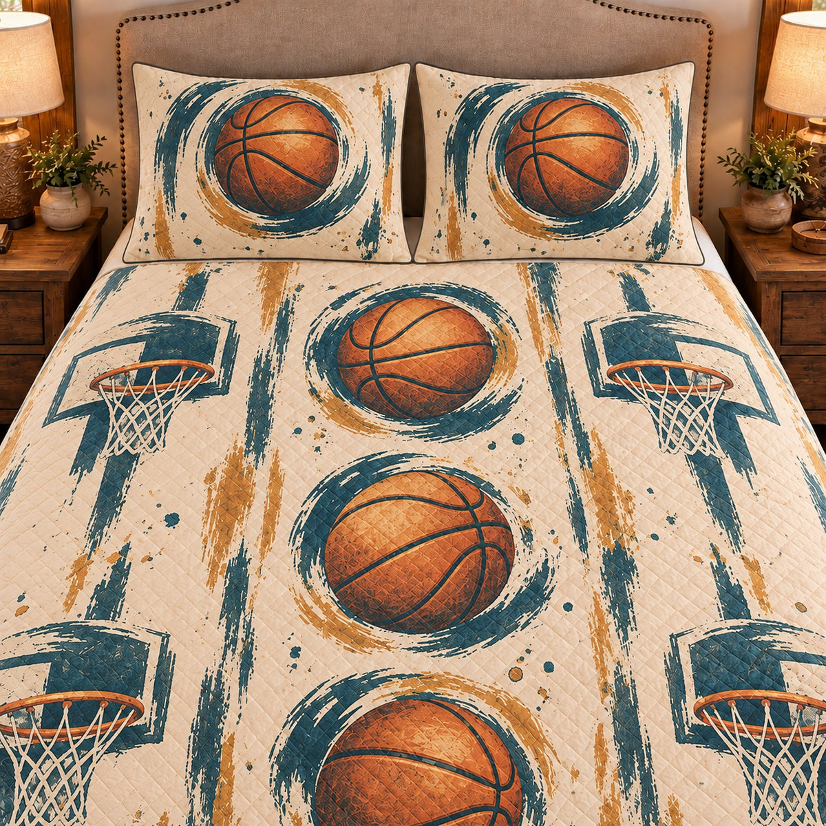 Frontal close-up view AI mockup of the Painted Ball Studies basketball quilt set with two coordinating printed pillow shams.