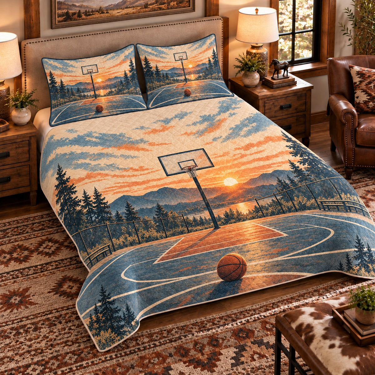 Elevated left-angle view AI mockup of the Empty Court Sunrise basketball quilt set with two coordinating printed pillow shams.