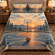 Front view AI mockup of the Empty Court Sunrise basketball quilt set with two coordinating printed pillow shams.