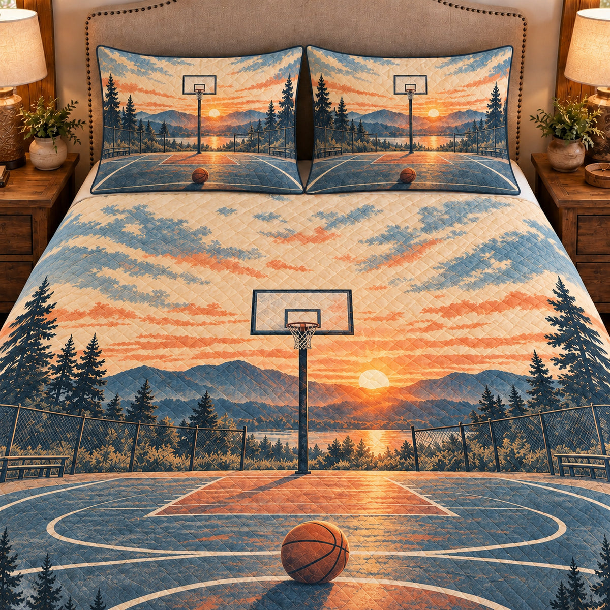 Frontal close-up view AI mockup of the Empty Court Sunrise basketball quilt set with two coordinating printed pillow shams.