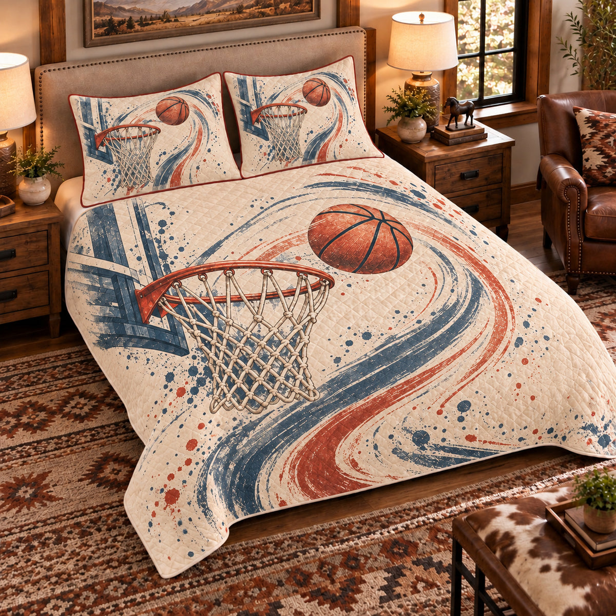 Elevated left-angle view AI mockup of the Net and Swish Arcs basketball quilt set with two coordinating printed pillow shams.