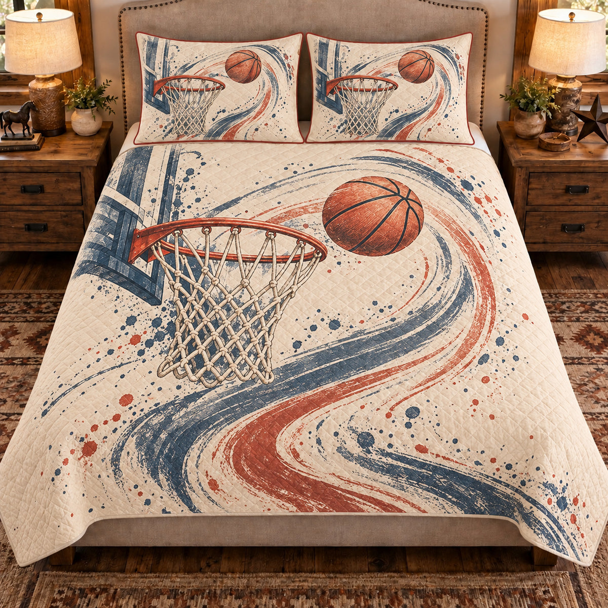 Front view AI mockup of the Net and Swish Arcs basketball quilt set with two coordinating printed pillow shams.