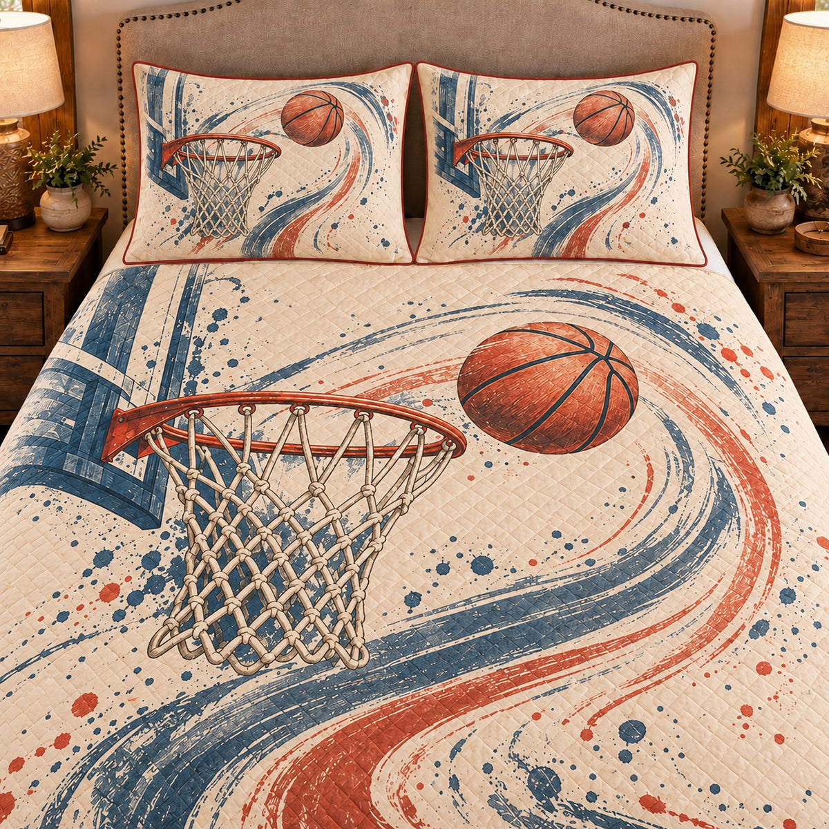 Frontal close-up view AI mockup of the Net and Swish Arcs basketball quilt set with two coordinating printed pillow shams.