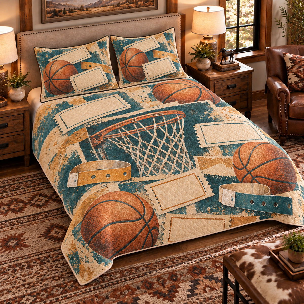 Elevated left-angle view AI mockup of the Basketball Ticket Keepsakes basketball quilt set with two coordinating printed pillow shams.