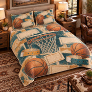 Elevated left-angle view AI mockup of the Basketball Ticket Keepsakes basketball quilt set with two coordinating printed pillow shams.