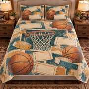 Front view AI mockup of the Basketball Ticket Keepsakes basketball quilt set with two coordinating printed pillow shams.