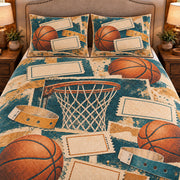 Frontal close-up view AI mockup of the Basketball Ticket Keepsakes basketball quilt set with two coordinating printed pillow shams.