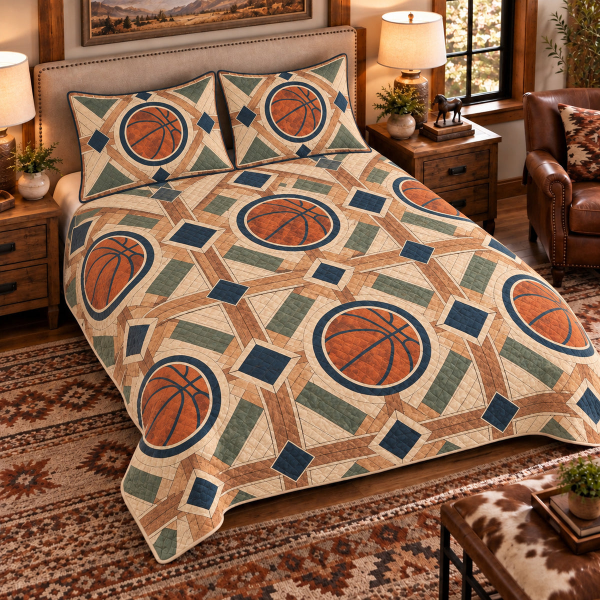 Elevated left-angle view AI mockup of the Parquet Ball Medallions basketball quilt set with two coordinating printed pillow shams.