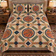 Front view AI mockup of the Parquet Ball Medallions basketball quilt set with two coordinating printed pillow shams.