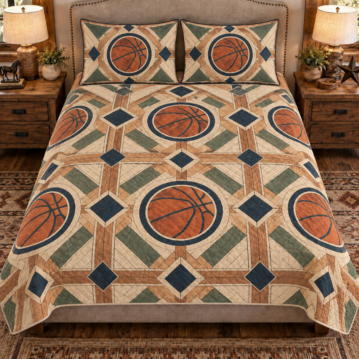 Front view AI mockup of the Parquet Ball Medallions basketball quilt set with two coordinating printed pillow shams.