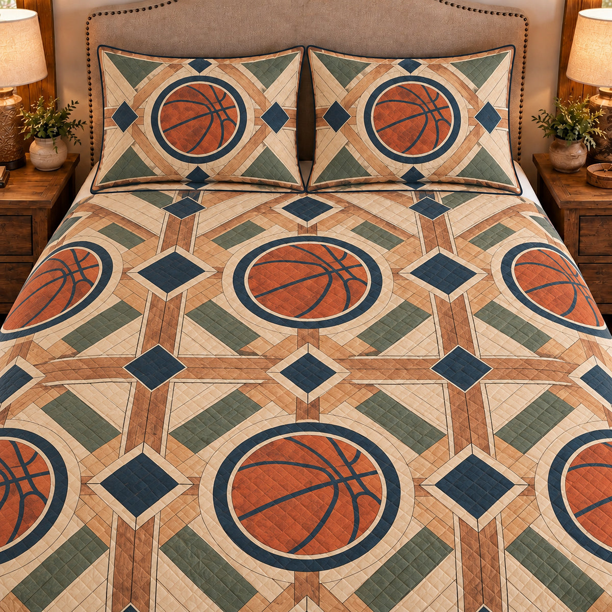 Frontal close-up view AI mockup of the Parquet Ball Medallions basketball quilt set with two coordinating printed pillow shams.