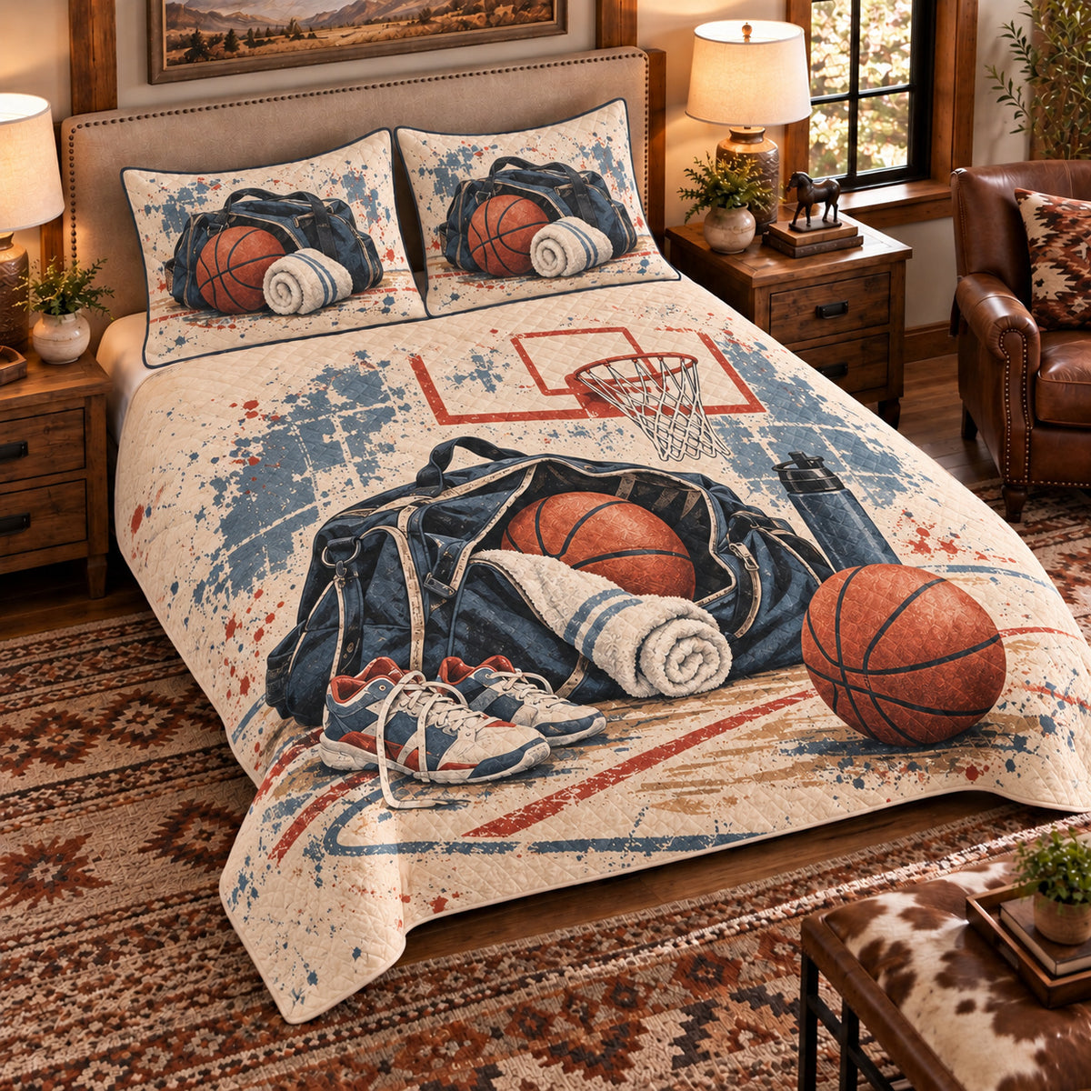 Elevated left-angle view AI mockup of the Basketball Practice Tote basketball quilt set with two coordinating printed pillow shams.
