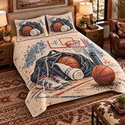 Elevated left-angle view AI mockup of the Basketball Practice Tote basketball quilt set with two coordinating printed pillow shams.