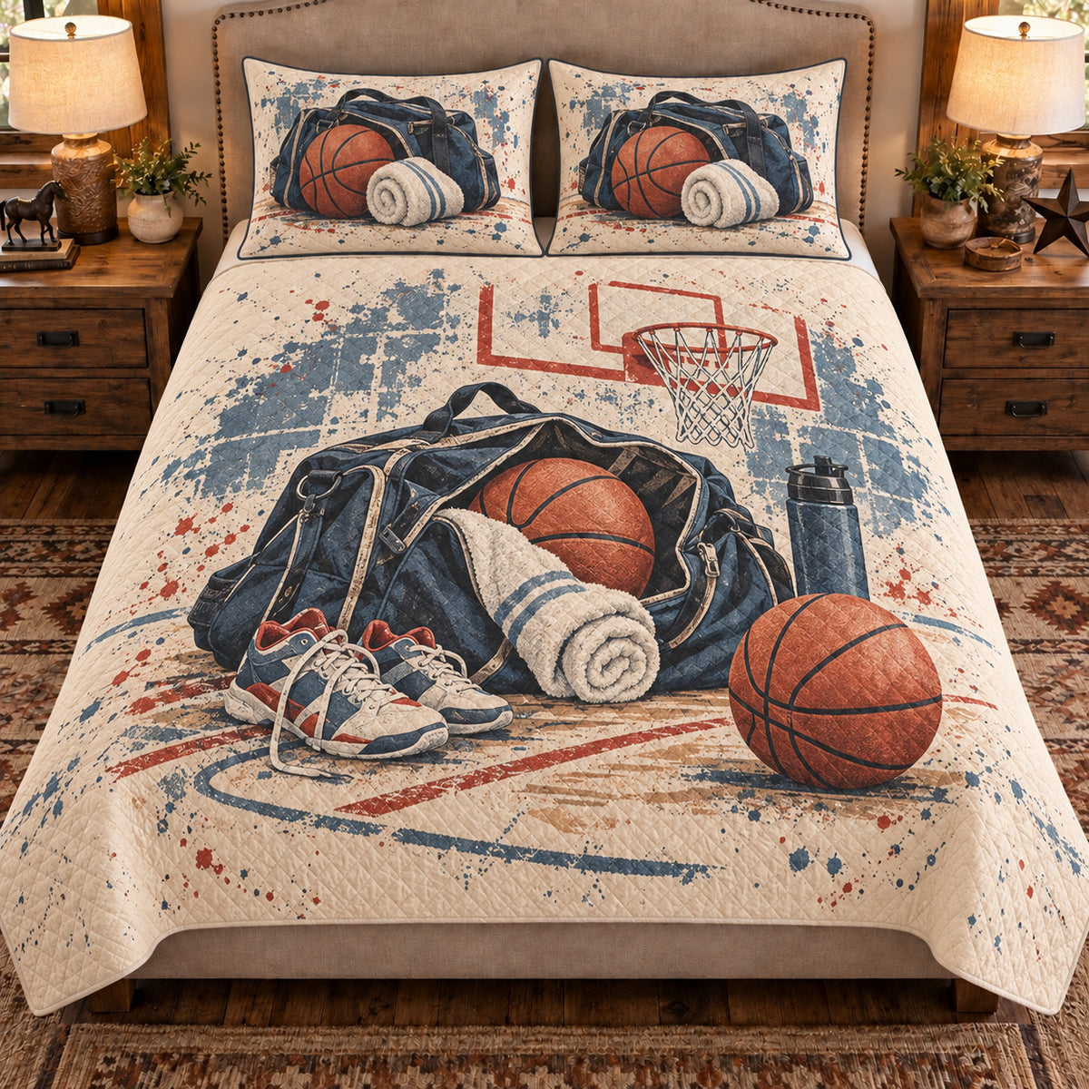 Front view AI mockup of the Basketball Practice Tote basketball quilt set with two coordinating printed pillow shams.