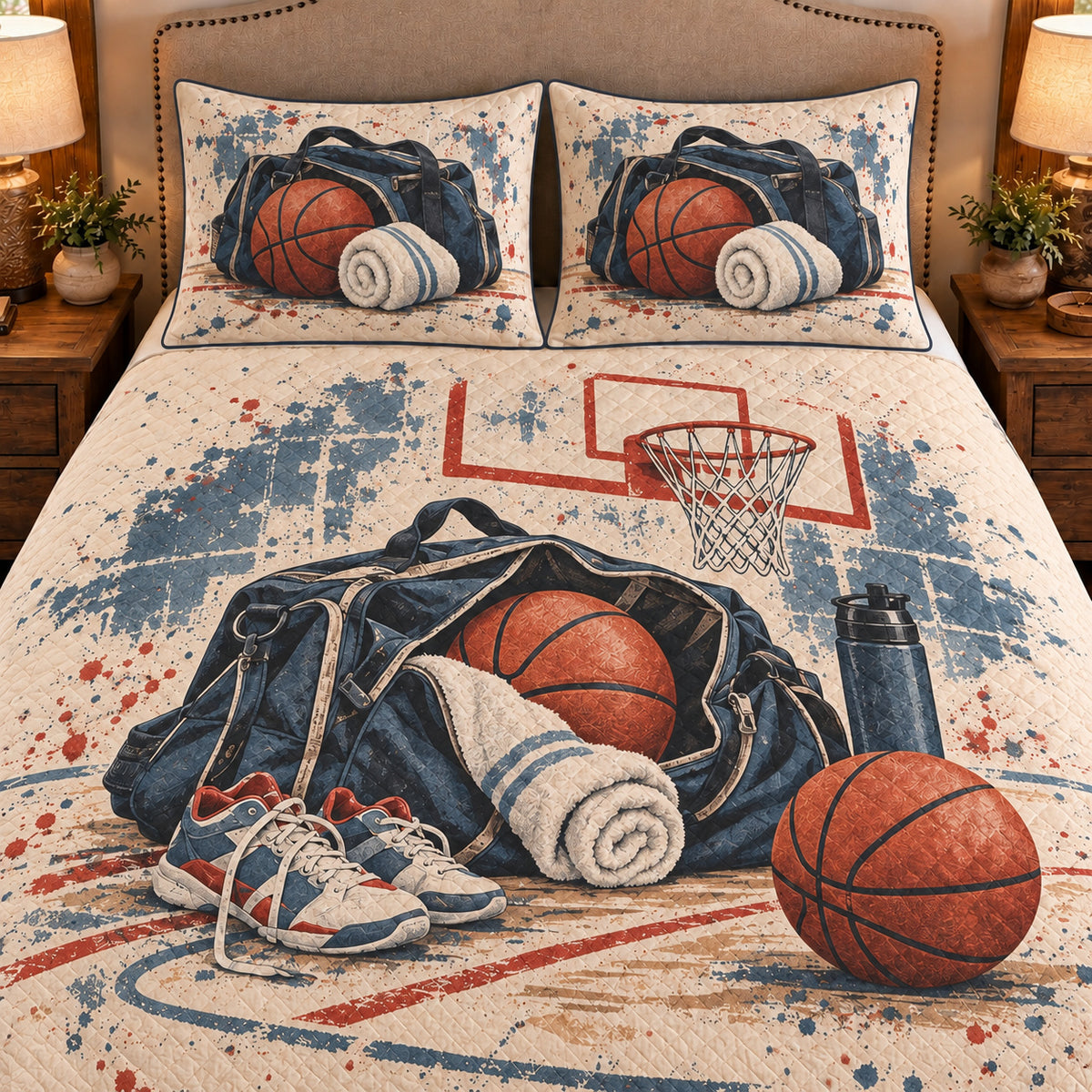 Frontal close-up view AI mockup of the Basketball Practice Tote basketball quilt set with two coordinating printed pillow shams.