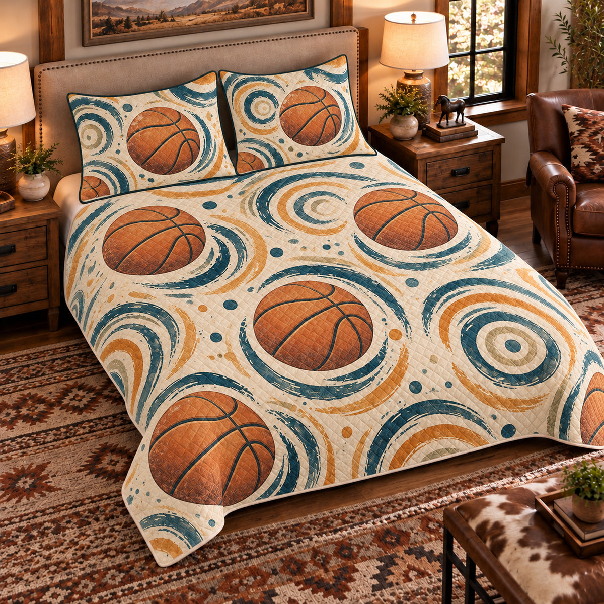 Elevated left-angle view AI mockup of the Rebound Ripple Pattern basketball quilt set with two coordinating printed pillow shams.