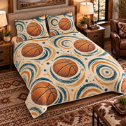 Elevated left-angle view AI mockup of the Rebound Ripple Pattern basketball quilt set with two coordinating printed pillow shams.