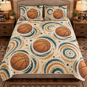Front view AI mockup of the Rebound Ripple Pattern basketball quilt set with two coordinating printed pillow shams.