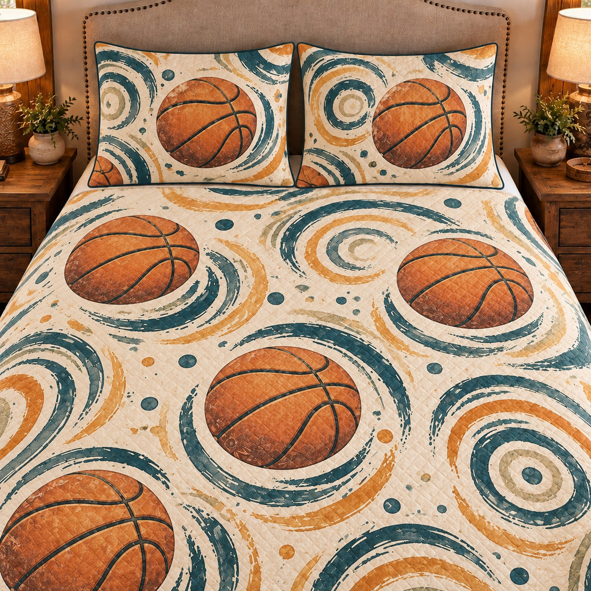Frontal close-up view AI mockup of the Rebound Ripple Pattern basketball quilt set with two coordinating printed pillow shams.