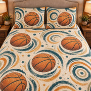 Frontal close-up view AI mockup of the Rebound Ripple Pattern basketball quilt set with two coordinating printed pillow shams.