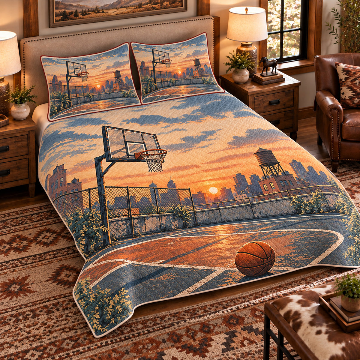 Elevated left-angle view AI mockup of the Basketball City Rooftop basketball quilt set with two coordinating printed pillow shams.
